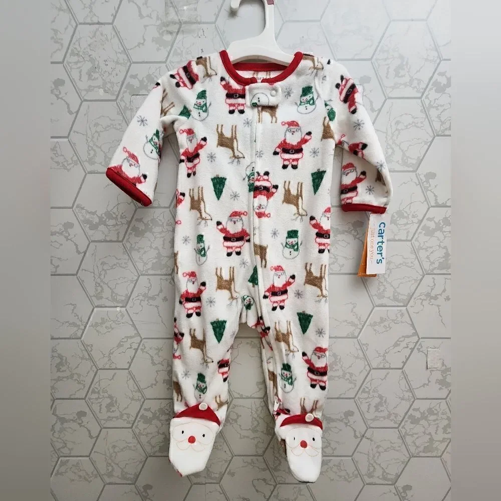 6M Carter's Just One You Baby Santa Christmas Fleece Footed Pajama - White